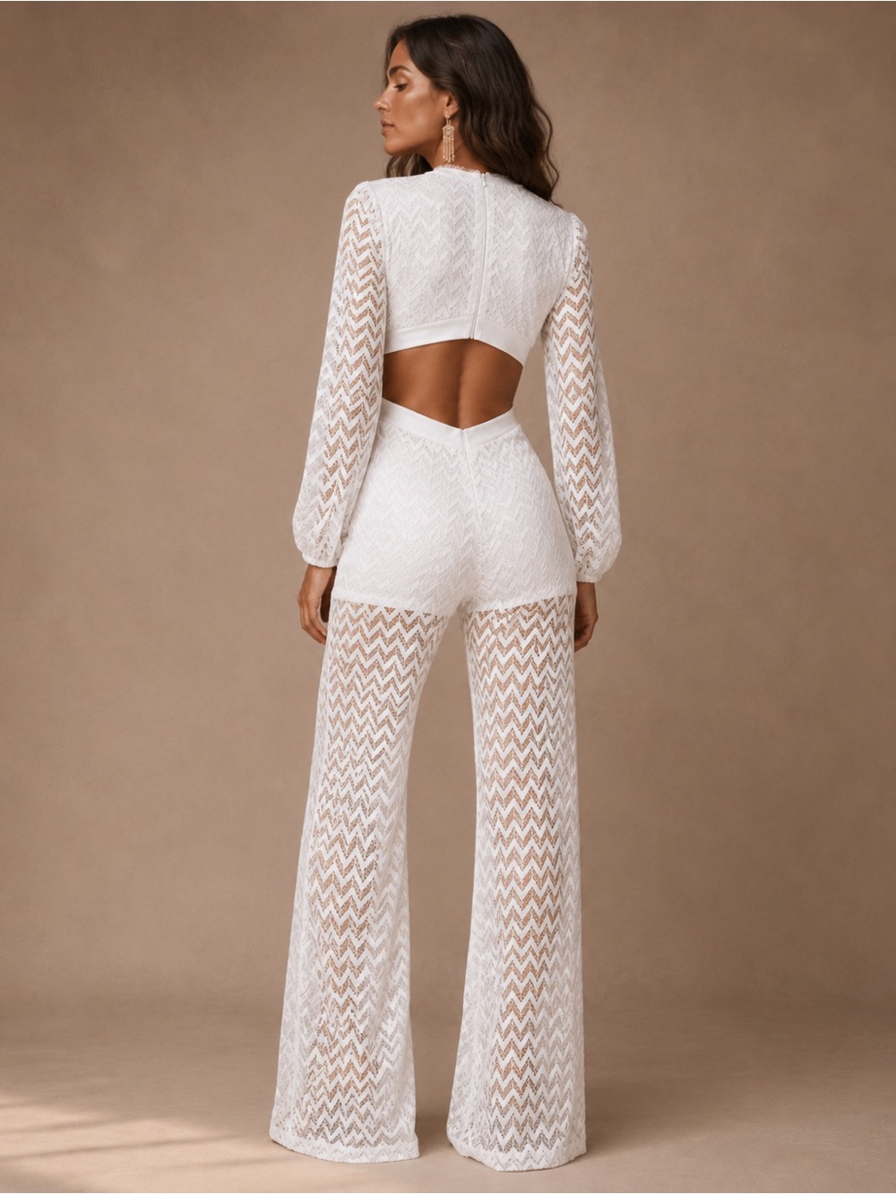 NWT White Lace Long-Sleeve Cutout Jumpsuit - Picture 2 of 3